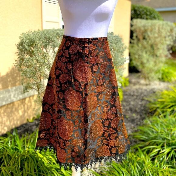 NEW ANNI KUAN A-LINE BRONZE & BLACK SEMI METALLIC ACCENT LACED HEM MIDI SKIRT 4 - Picture 10 of 14